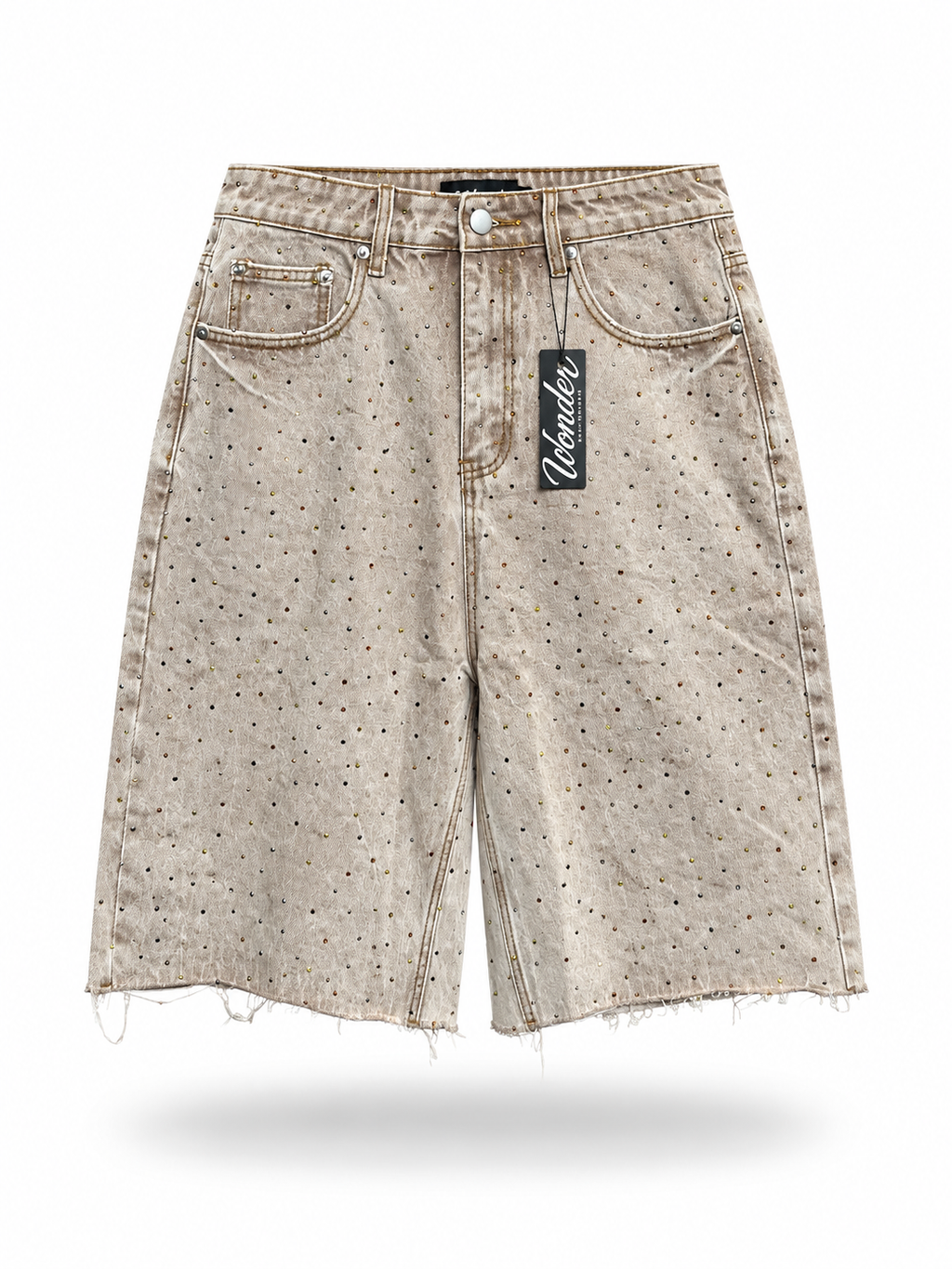 Baggy All-Over Rhinestone Washed Denim Shorts - Light Brown