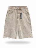 Baggy All-Over Rhinestone Washed Denim Shorts - Light Brown