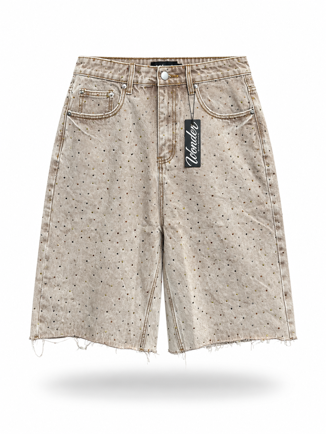 Baggy All-Over Rhinestone Washed Denim Shorts - Light Brown
