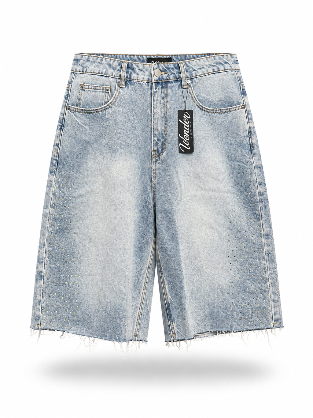 Baggy Rhinestone Marble Wash Denim Shorts - Light Blue