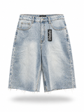 Baggy Rhinestone Marble Wash Denim Shorts - Light Blue