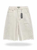Baggy Rhinestone Denim Shorts - Cream