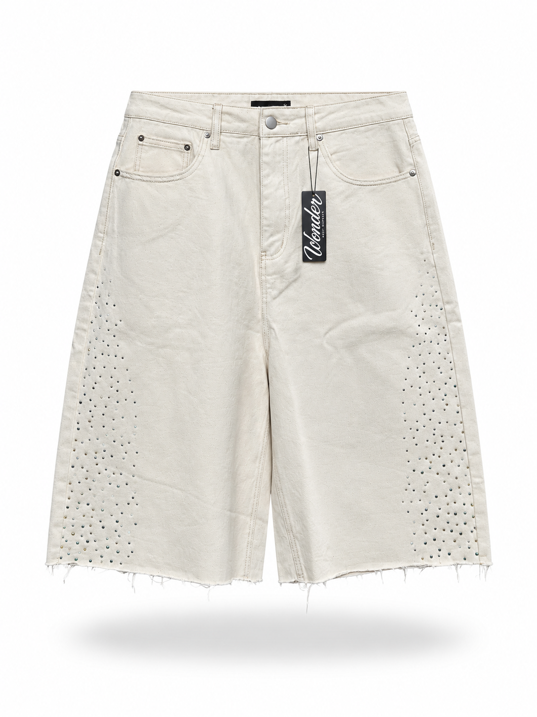 Baggy Rhinestone Denim Shorts - Cream