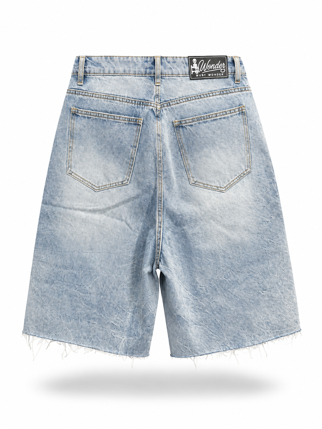 Baggy Rhinestone Marble Wash Denim Shorts - Light Blue