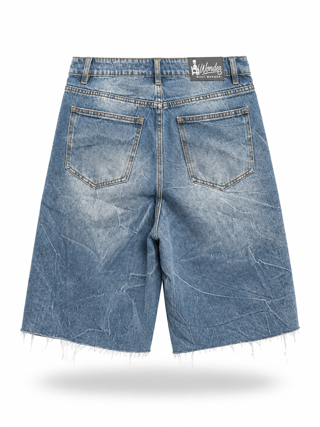 Baggy Rhinestone Marble Wash Denim Shorts - Dark Blue