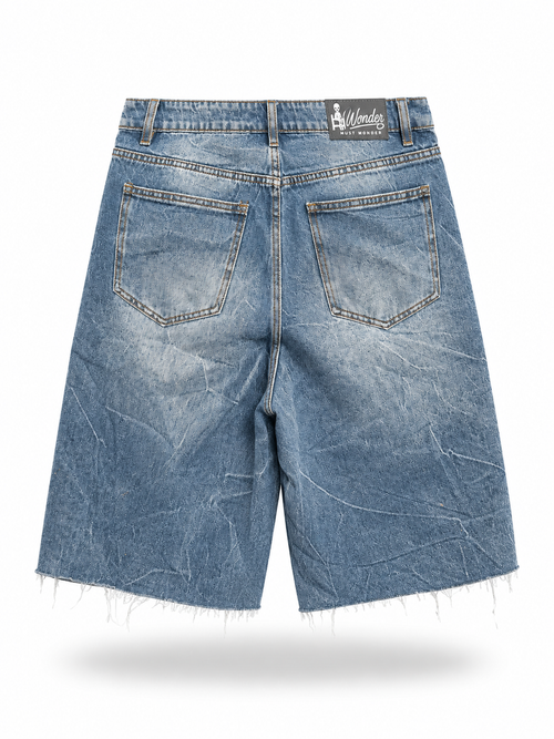 Baggy Rhinestone Marble Wash Denim Shorts - Dark Blue