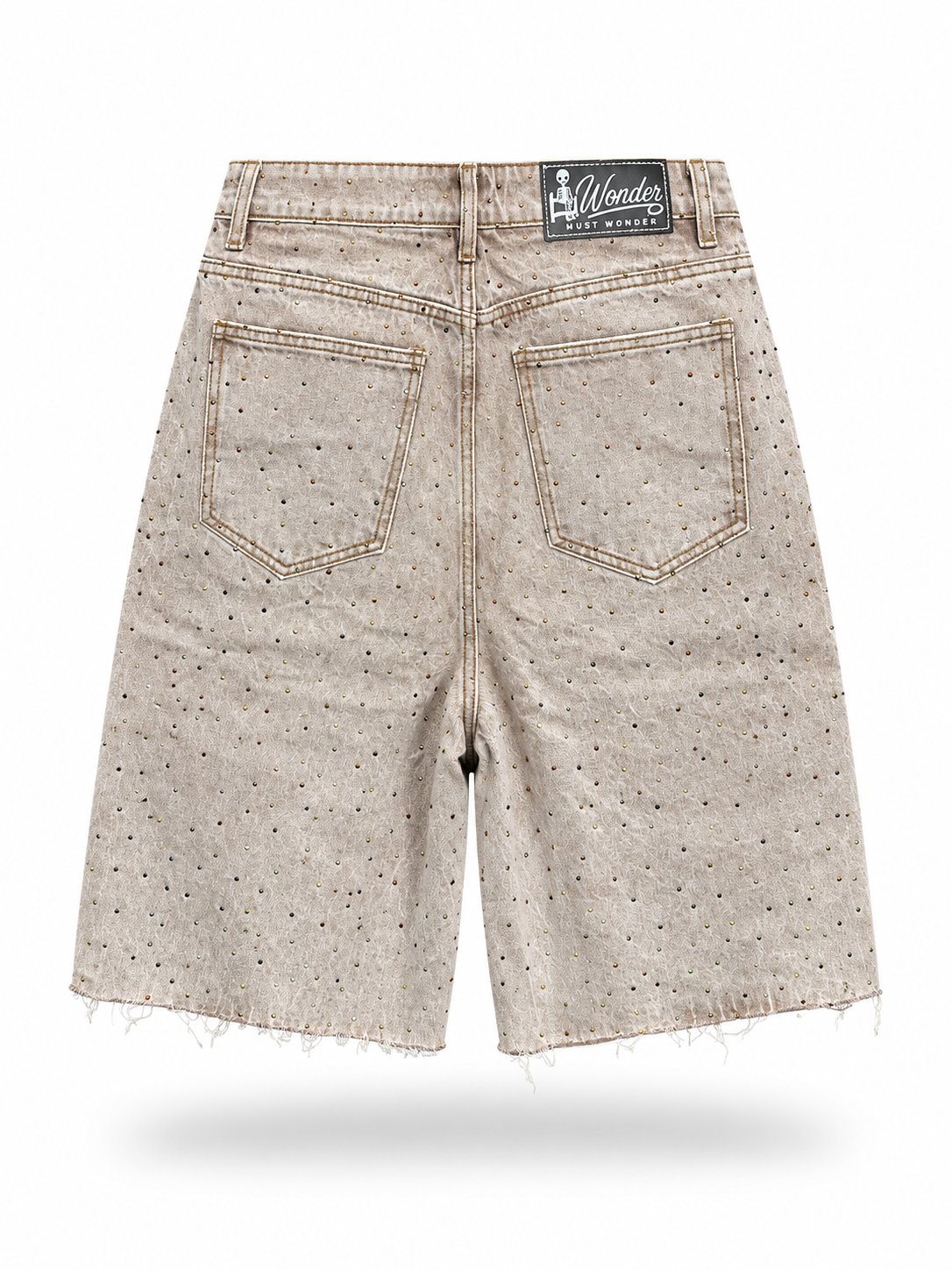 Baggy All-Over Rhinestone Washed Denim Shorts - Light Brown