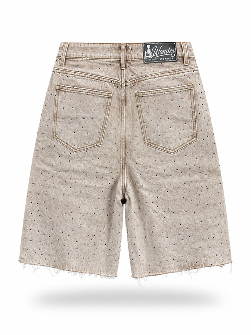 Baggy All-Over Rhinestone Washed Denim Shorts - Light Brown