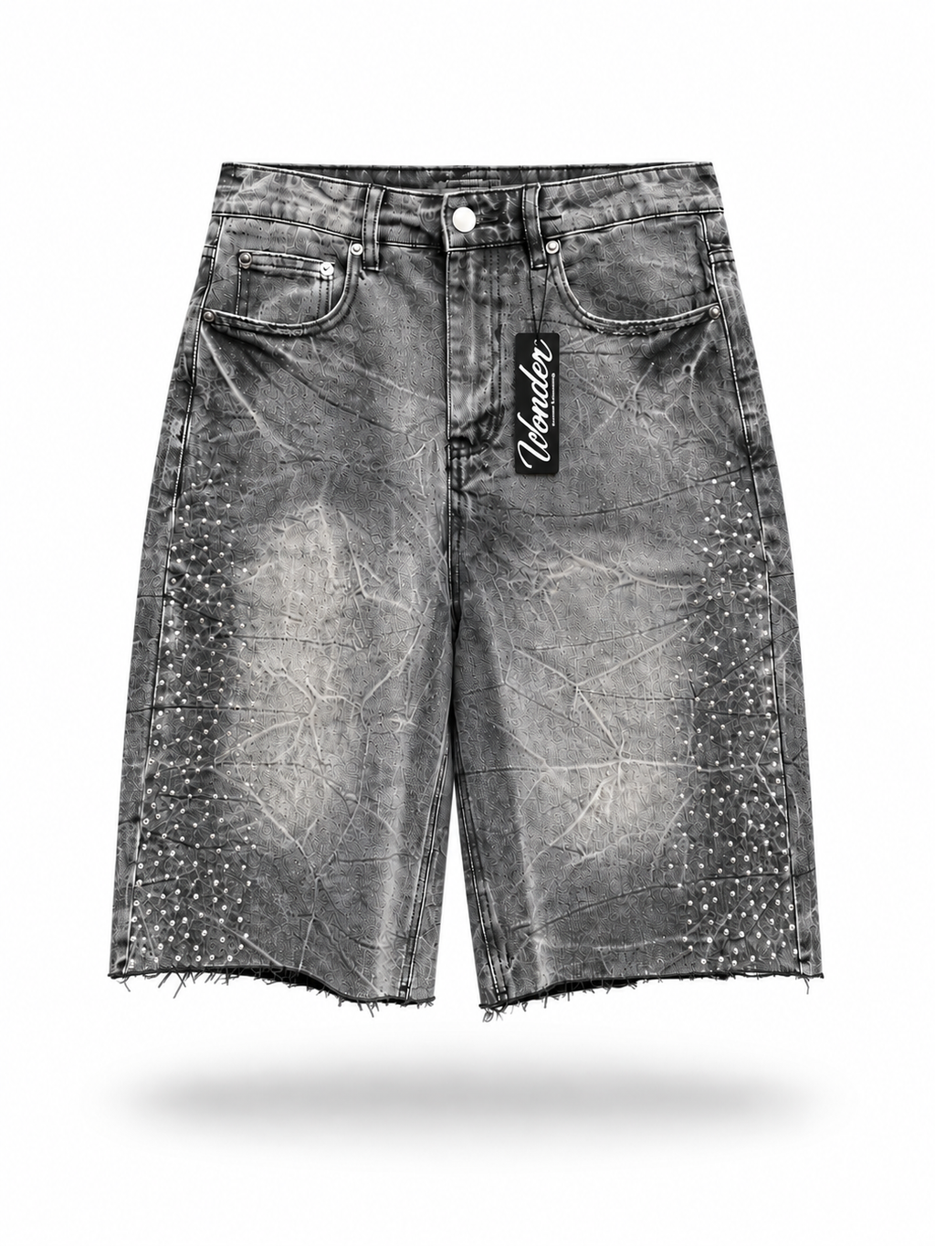 Baggy Rhinestone Marble Wash Denim Shorts - Black