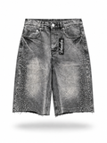 Baggy Rhinestone Marble Wash Denim Shorts - Black