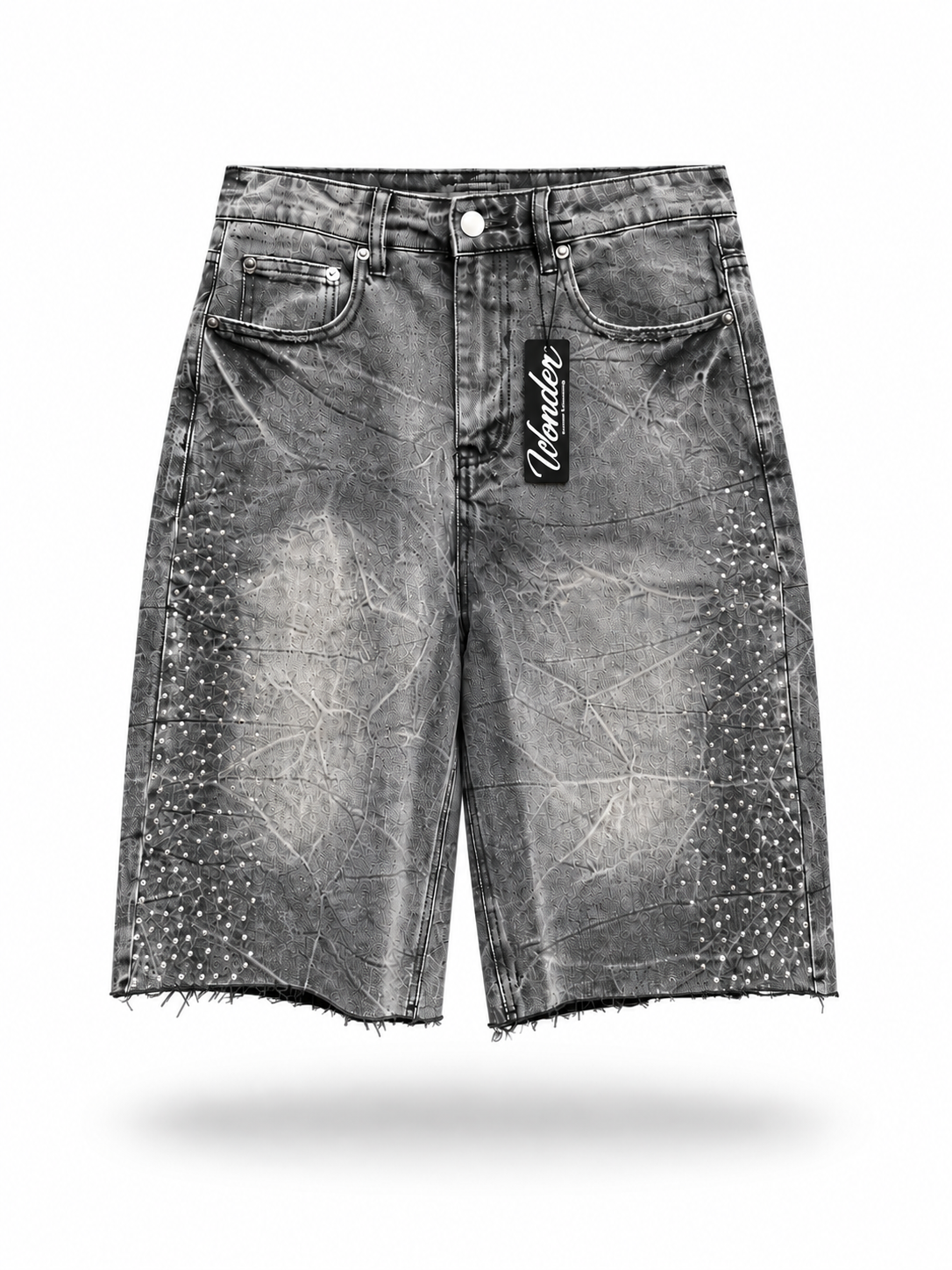 Baggy Rhinestone Marble Wash Denim Shorts - Black