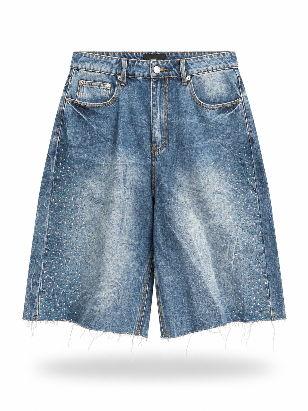 Baggy Rhinestone Marble Wash Denim Shorts - Dark Blue