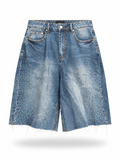 Baggy Rhinestone Marble Wash Denim Shorts - Dark Blue