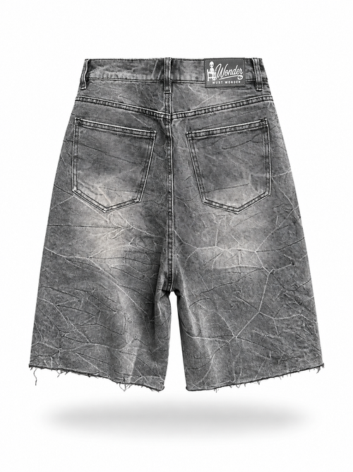 Baggy Rhinestone Marble Wash Denim Shorts - Black