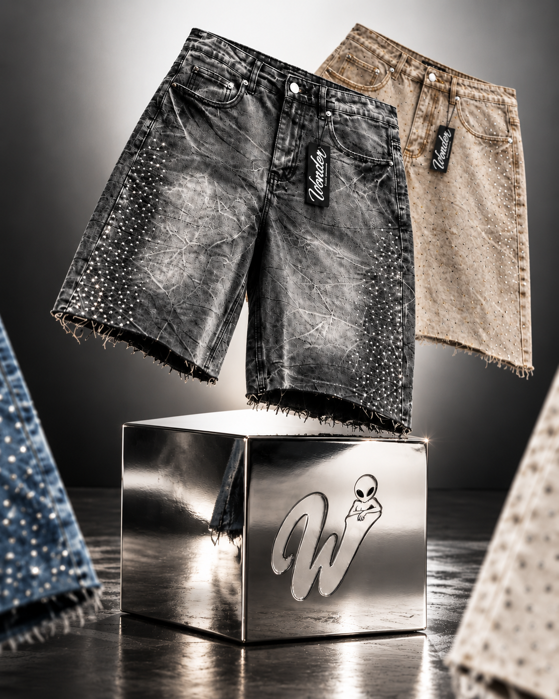 Black and stone brown rhinestone jorts above a chrome box engraved with the alien W logo