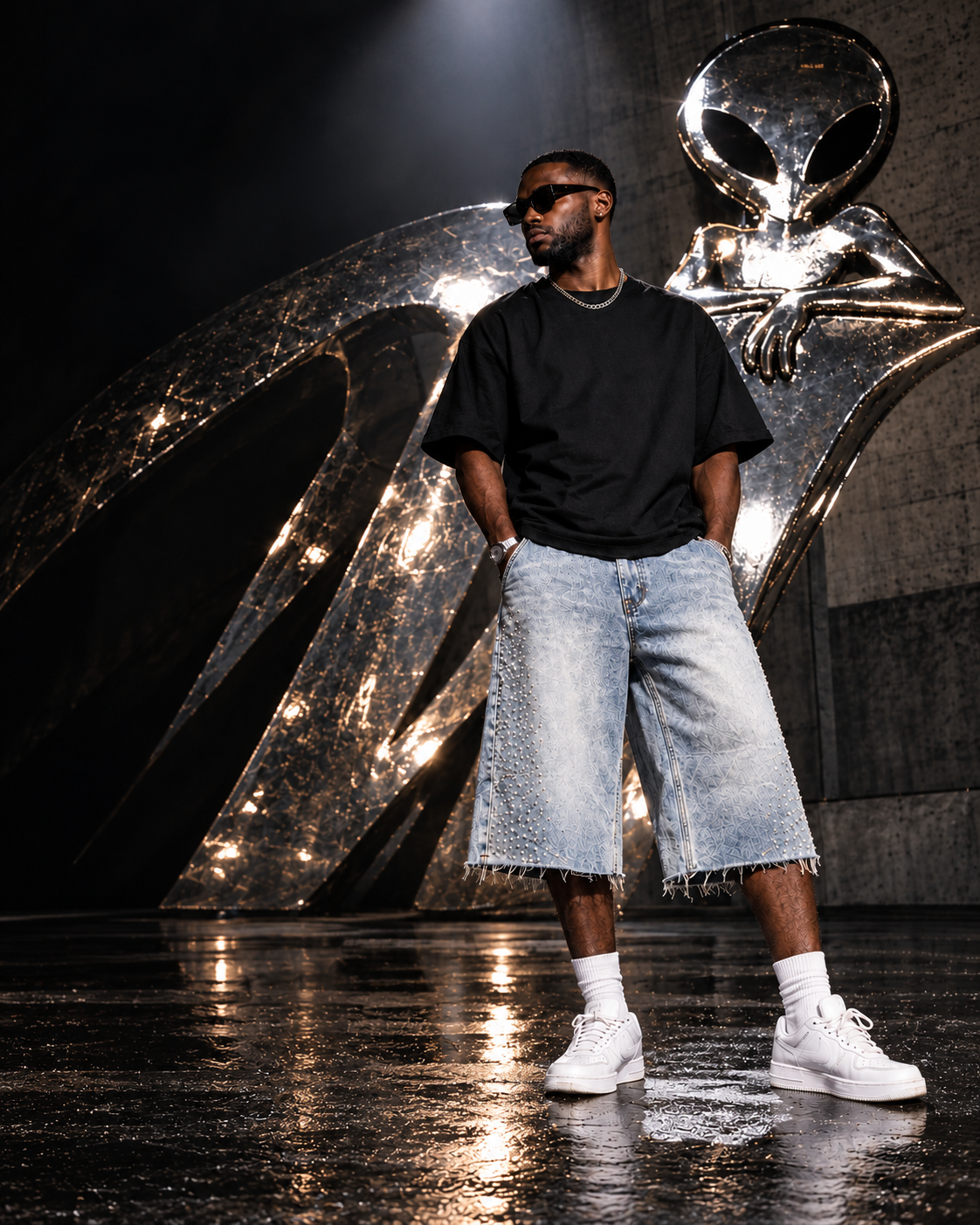 Model wearing light-wash rhinestone jorts beside a chrome alien sculpture